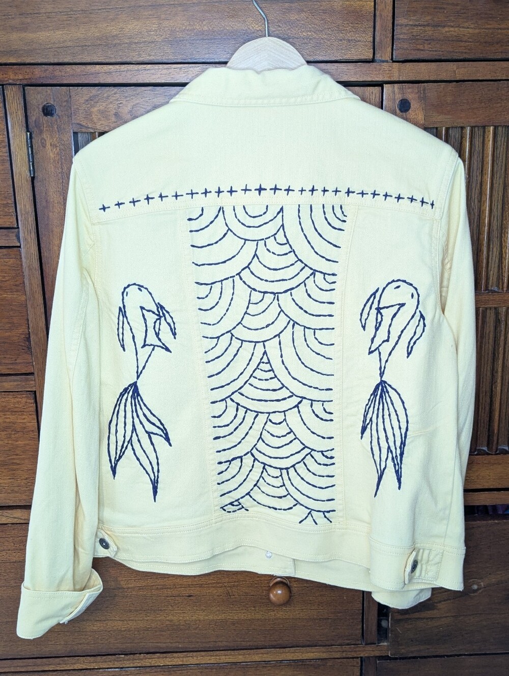 Yellow Denim Jacket With Koi And Wave Design